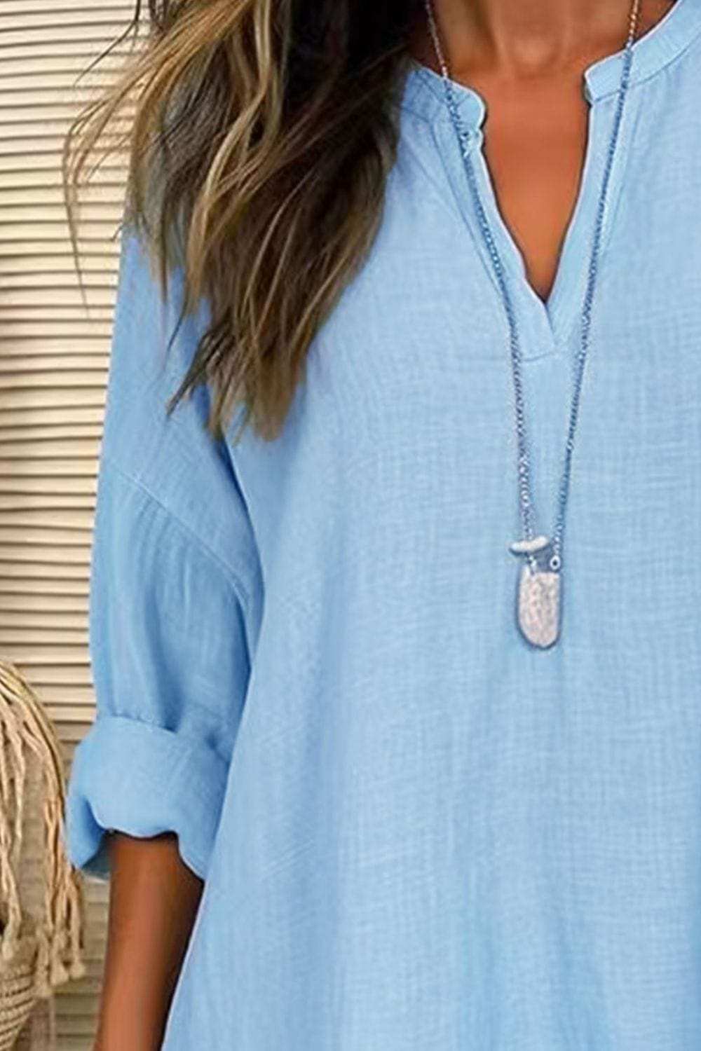 Solid Color Notched Long Sleeve Blouse - Trendsi - Flyclothing LLC