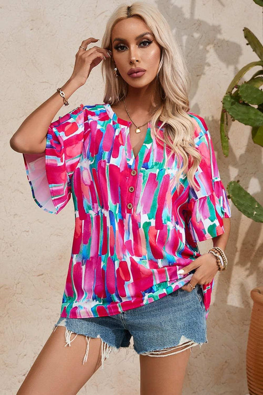 Printed Notched Half Sleeve Blouse - Trendsi - Flyclothing LLC