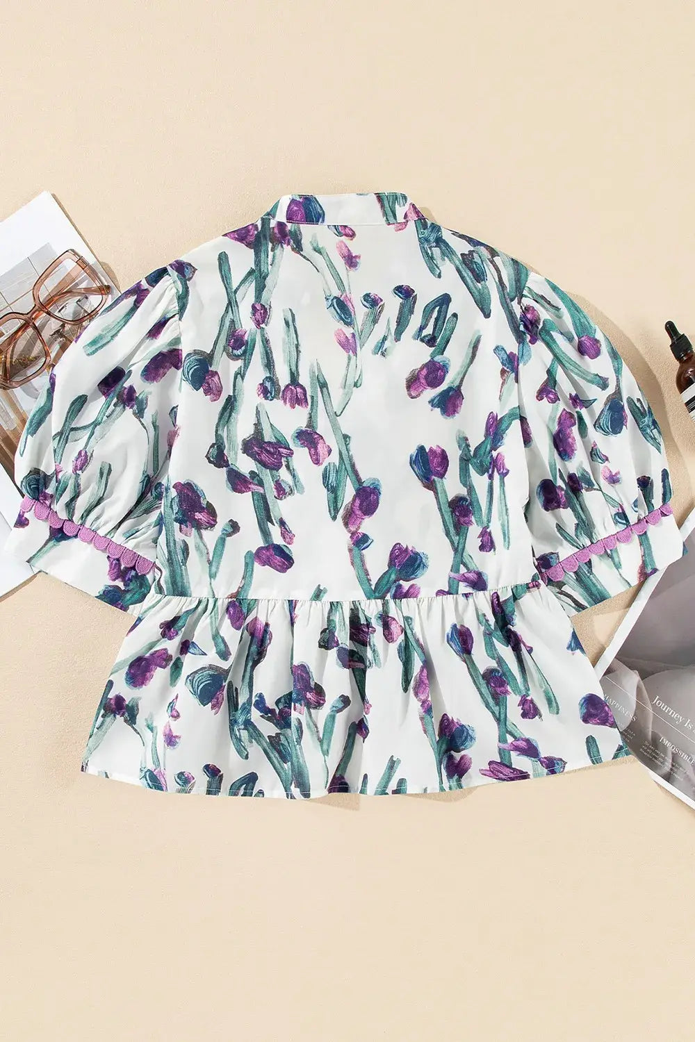Floral Ricrac Trim Half Sleeve Peplum Top - Trendsi - Flyclothing LLC