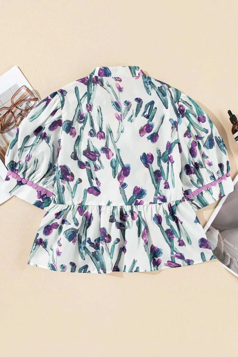 Floral Ricrac Trim Half Sleeve Peplum Top - Trendsi - Flyclothing LLC