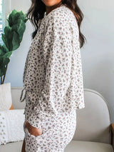 Spiral Ribbed Floral Print Long Sleeve Henley Top Drawstring Short Set - Trendsi - Flyclothing LLC