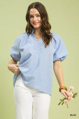 Umgee Textured Puff Sleeve Split Neck Top - Trendsi - Flyclothing LLC