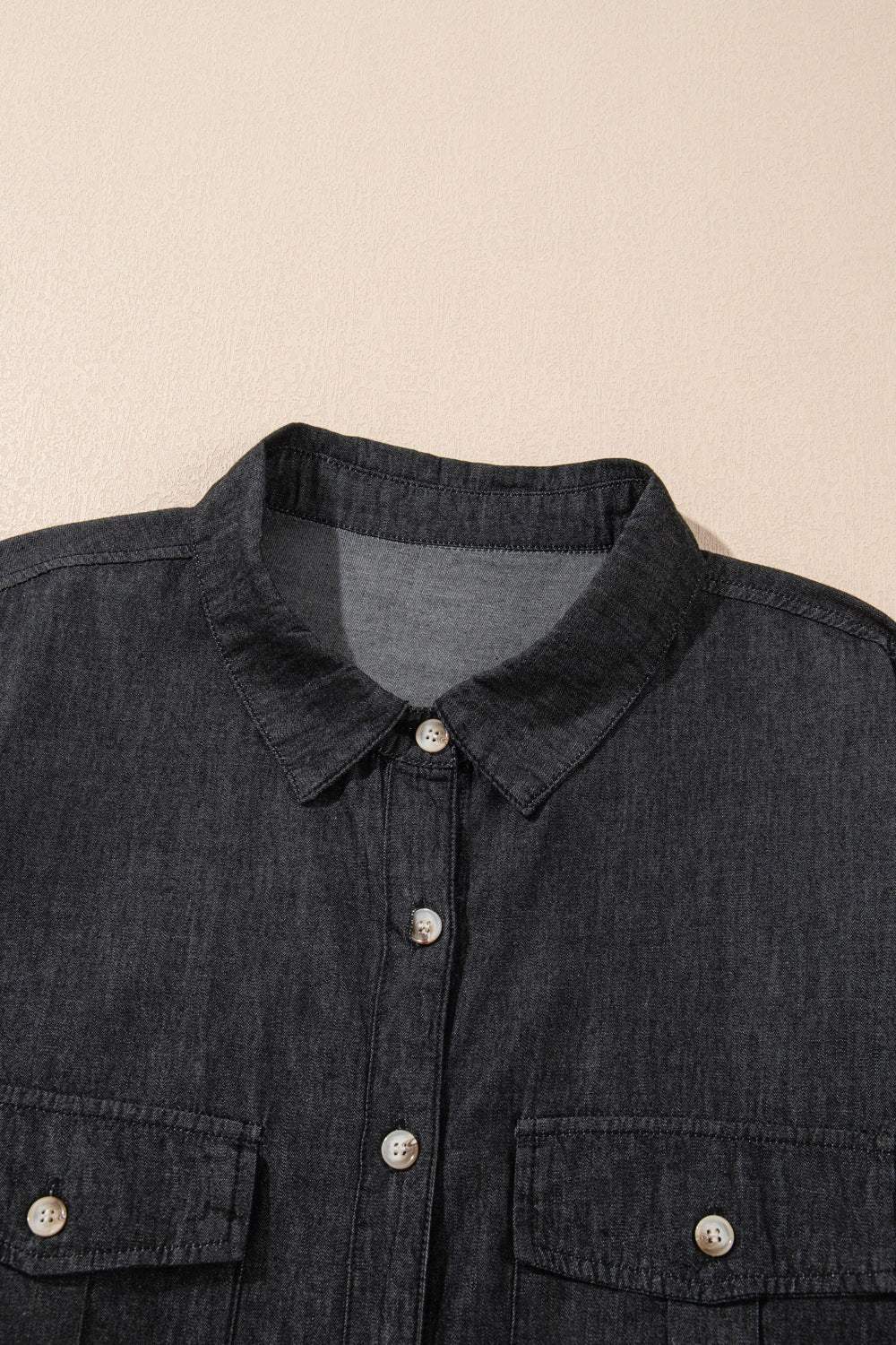Pocketed Collared Neck Long Sleeve Denim Top - Trendsi - Flyclothing LLC