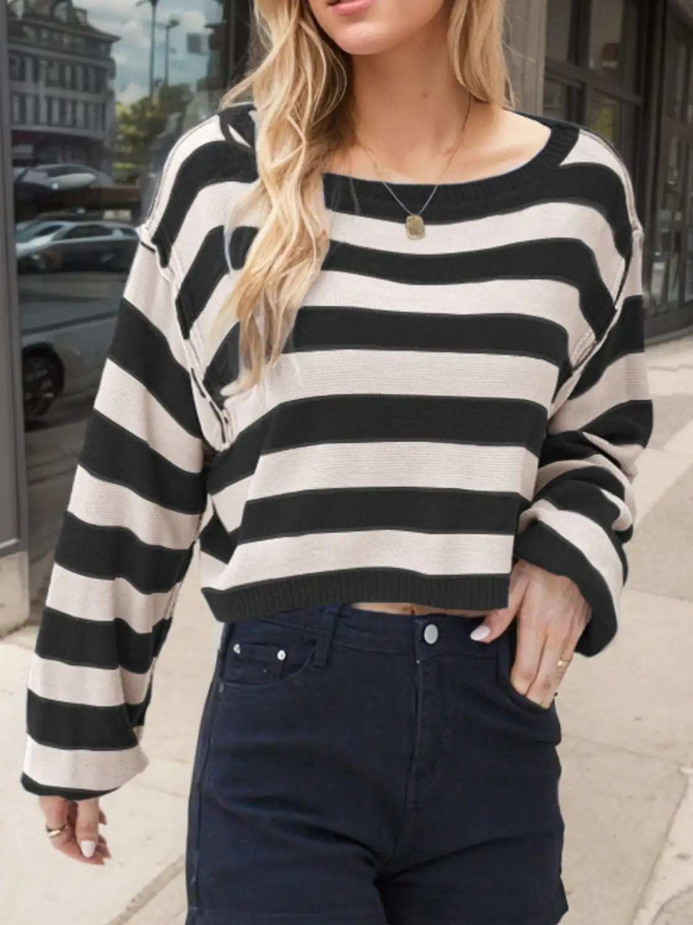 Striped Dropped Shoulder Long Sleeve Sweater - Trendsi - Flyclothing LLC