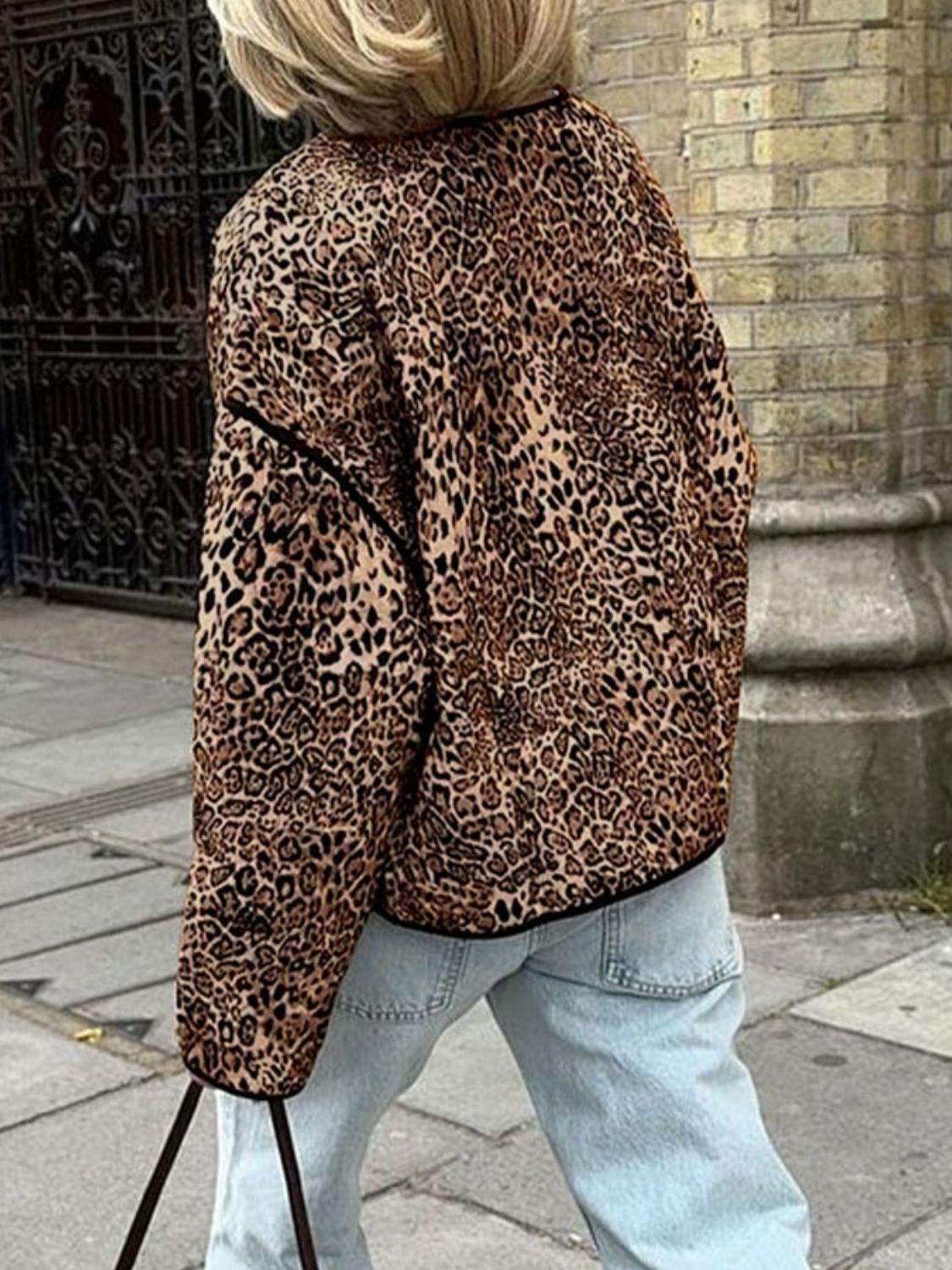 Perfee Leopard Open Front Long Sleeve Jacket - Trendsi - Flyclothing LLC