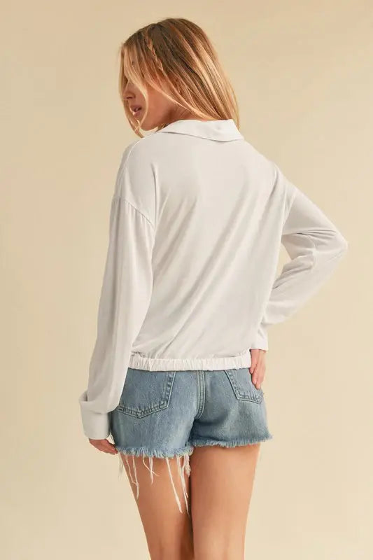 Aemi + Co Twisted Hemline Button Detail Collared Neck Top - Trendsi - Flyclothing LLC