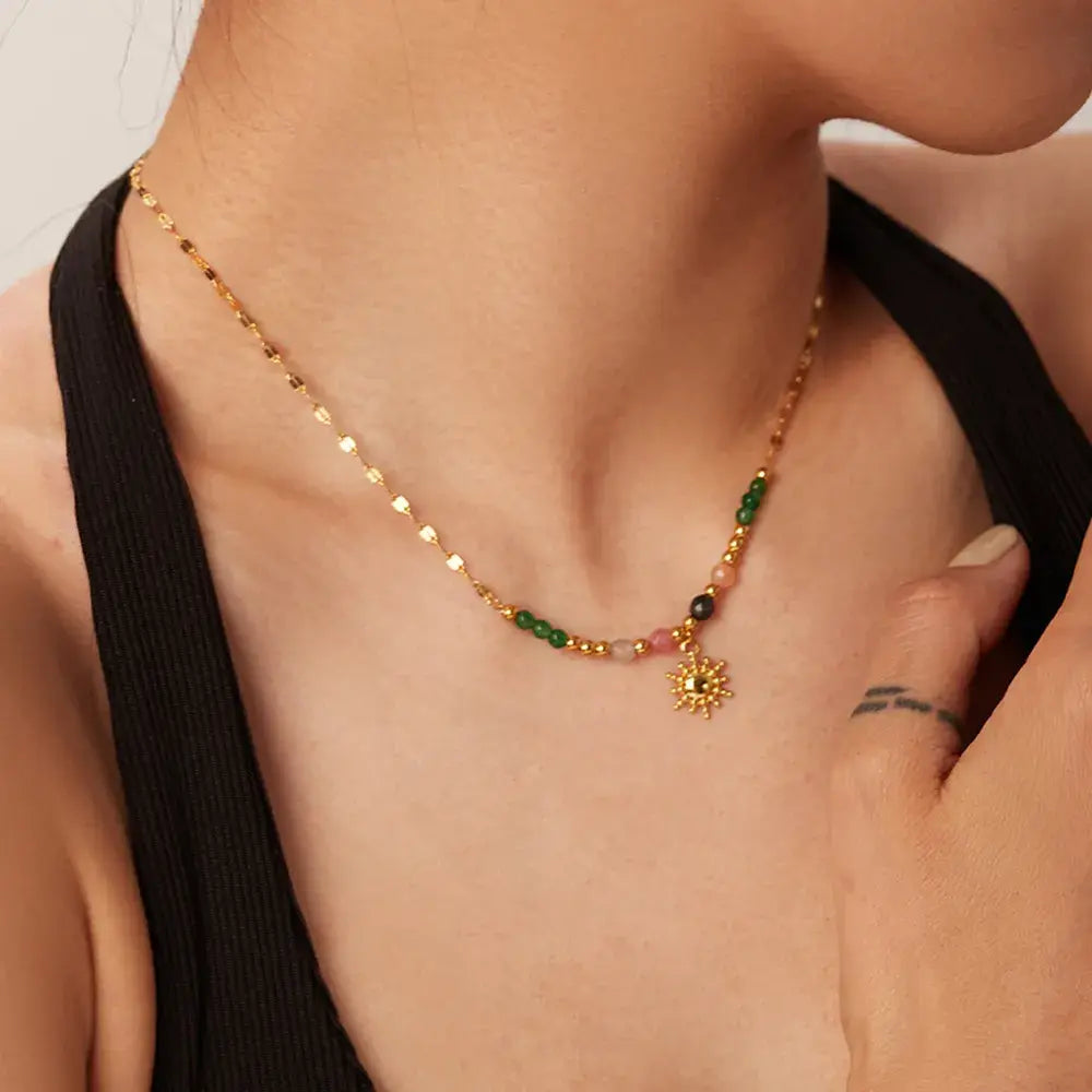 Bohemian Sun Charm Beaded Stainless Steel Necklace - Trendsi - Flyclothing LLC