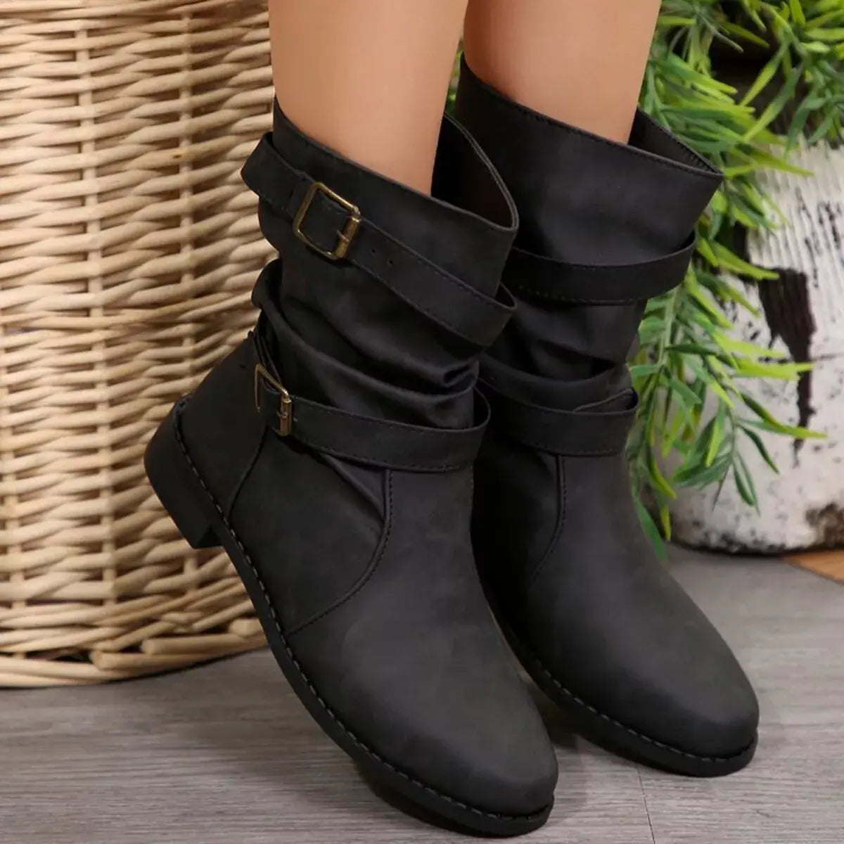 Buckled Low Heel Boots - Trendsi - Flyclothing LLC