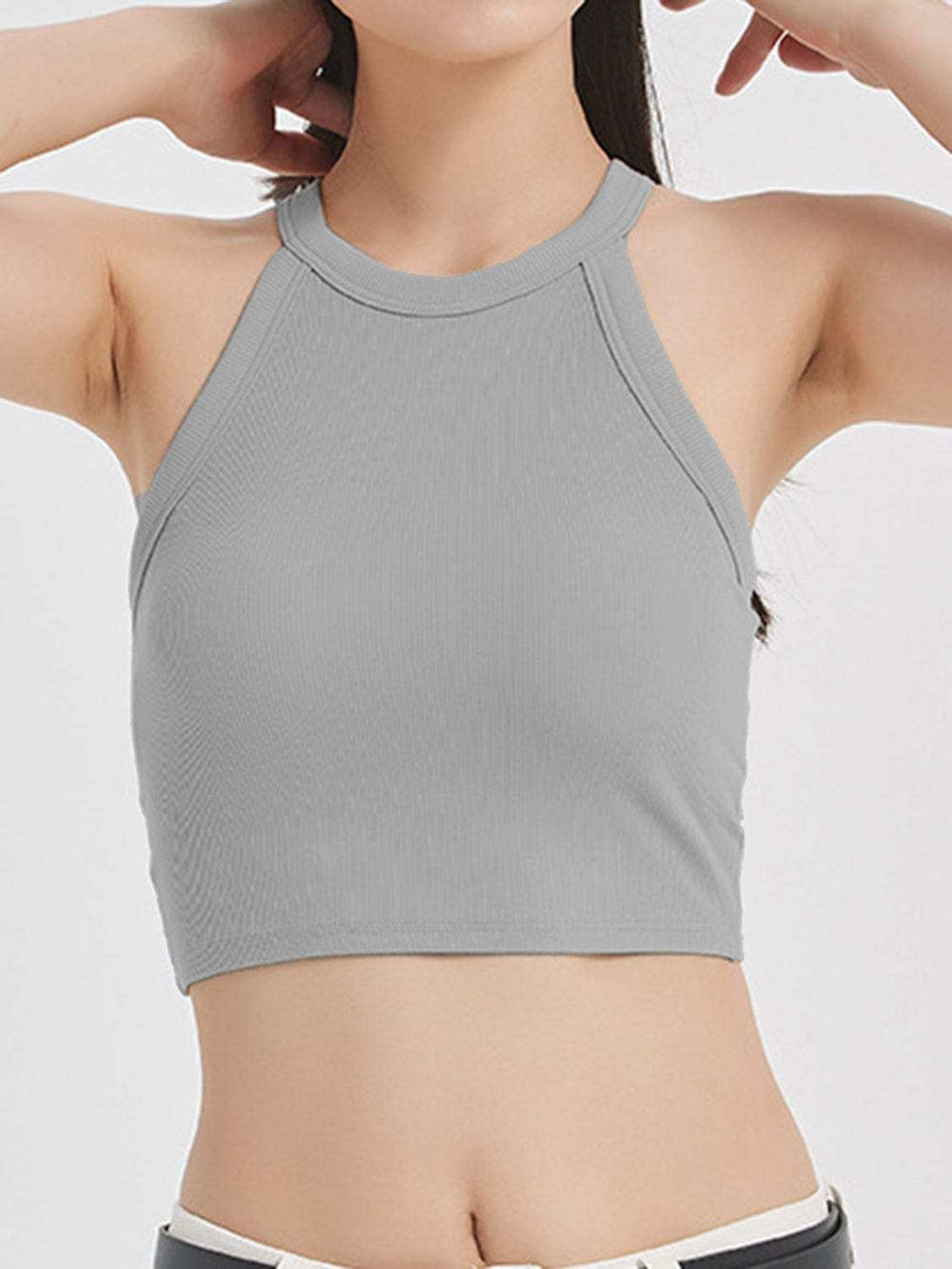 Ribbed Grecian Neck Cropped Tank with Chest Pads - Trendsi - Flyclothing LLC