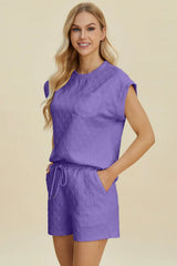 Double Take Full Size Pocketed Texture Round Neck Top and Shorts Set - Trendsi - Flyclothing LLC