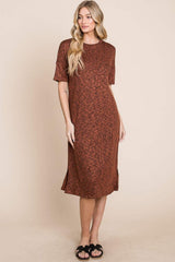 BOMBOM Round Neck Side Slit Midi Dress - Trendsi - Flyclothing LLC