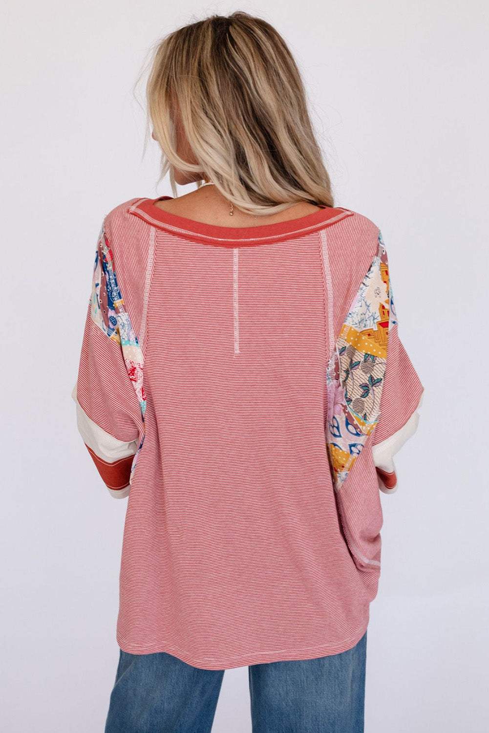 Striped Floral Patchwork Round Neck Top - Trendsi - Flyclothing LLC