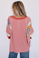 Striped Floral Patchwork Round Neck Top - Trendsi - Flyclothing LLC