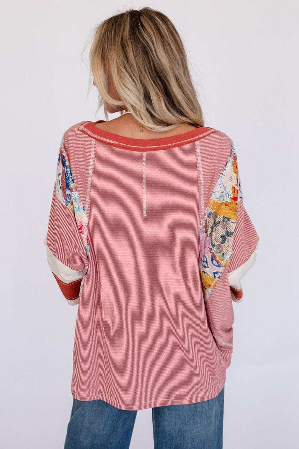 Striped Floral Patchwork Round Neck Top - Trendsi - Flyclothing LLC
