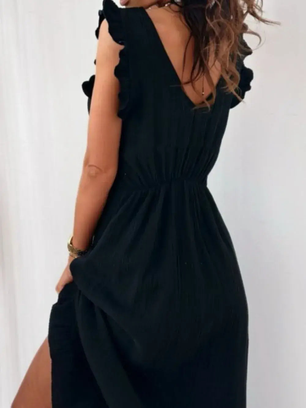 Ruffled V-Neck Cap Sleeve Maxi Dress - Trendsi - Flyclothing LLC