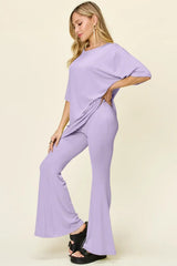 Double Take Full Size Round Neck Drop Shoulder T-Shirt and Flare Pants Set - Trendsi - Flyclothing LLC