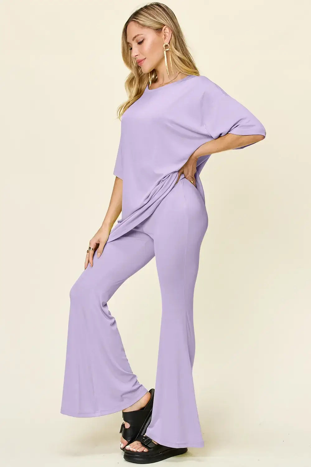 Double Take Full Size Round Neck Drop Shoulder T-Shirt and Flare Pants Set - Trendsi - Flyclothing LLC