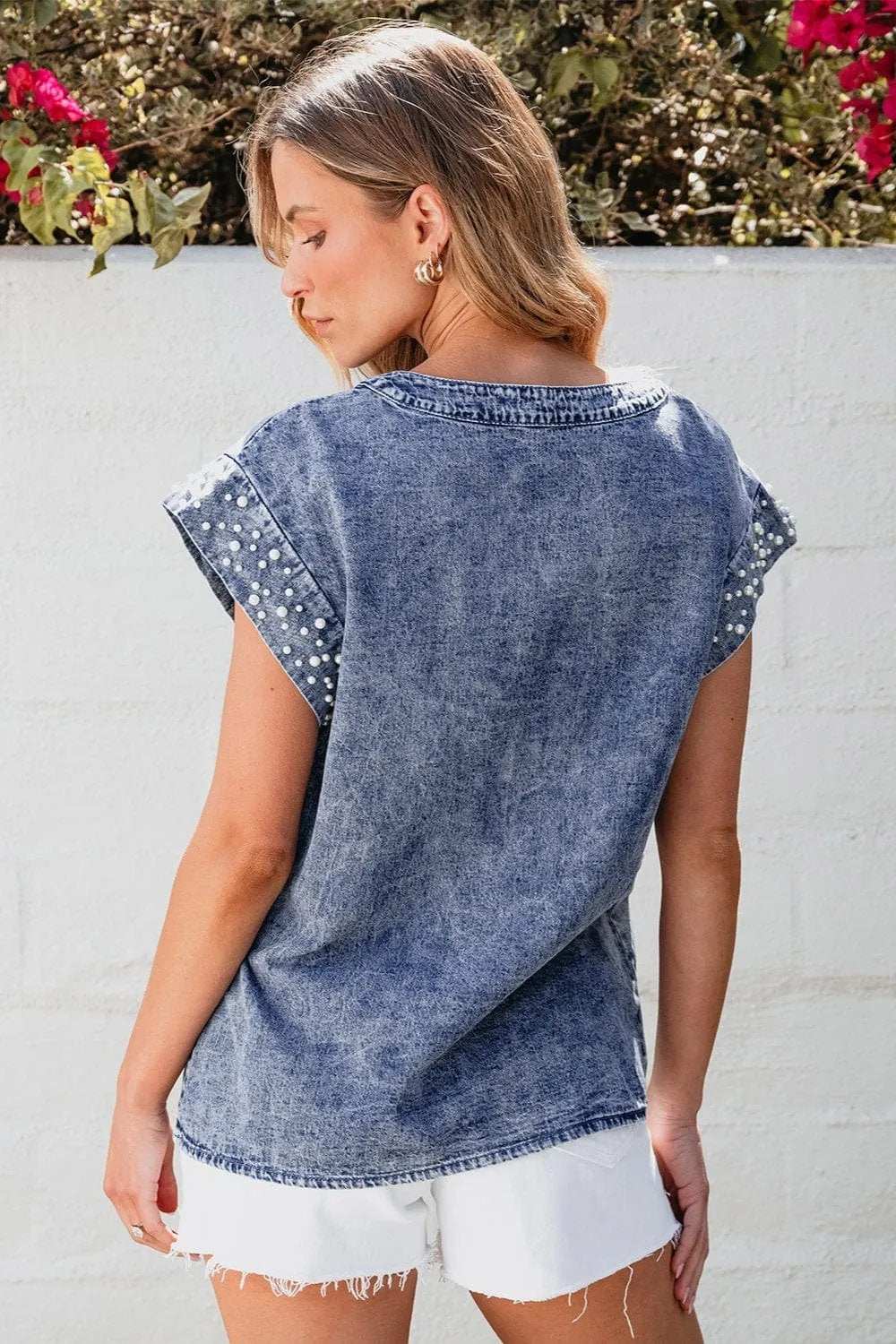 Pearl Trim Round Neck Cap Sleeve Denim Top - Trendsi - Flyclothing LLC