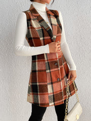 Honey Plaid Button Up Vest Coat - Trendsi