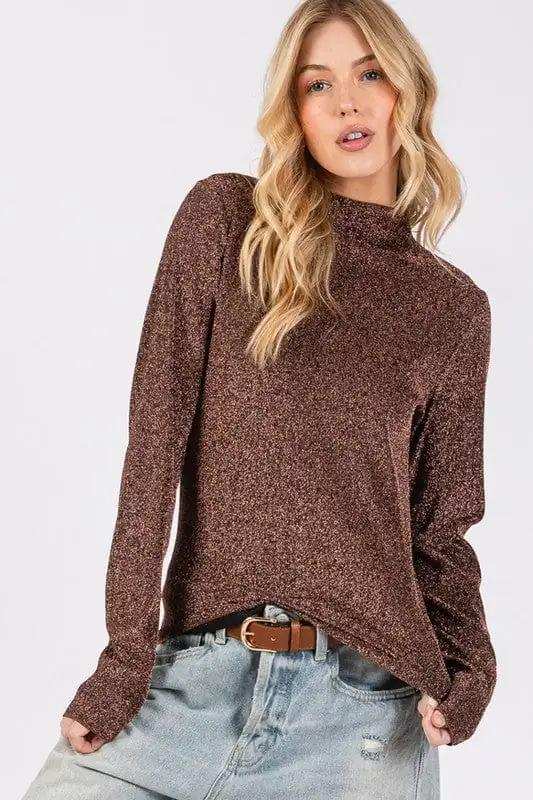 SAGE + FIG Glitter Mock Neck Lettuce Hem Long Sleeve Top - Trendsi - Flyclothing LLC