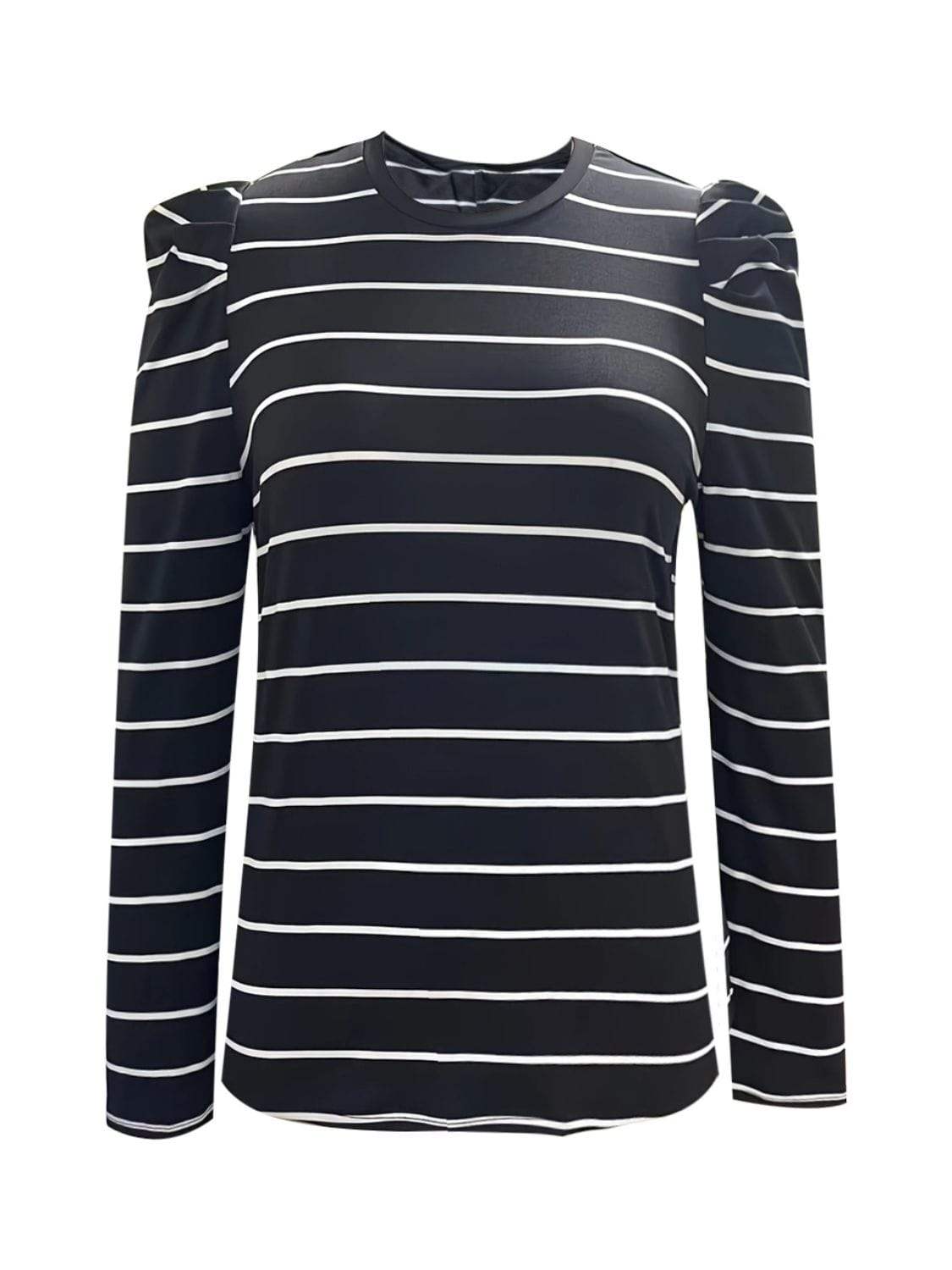 Full Size Striped Round Neck Puff Sleeve T-Shirt - Trendsi - Flyclothing LLC
