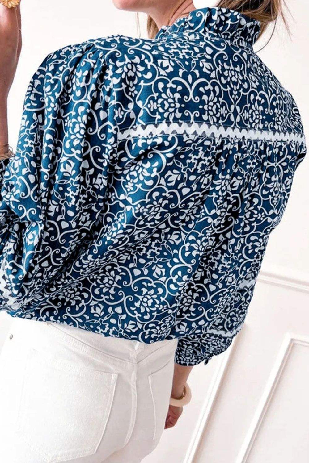 Printed Mock Neck Long Sleeve Blouse - Trendsi - Flyclothing LLC