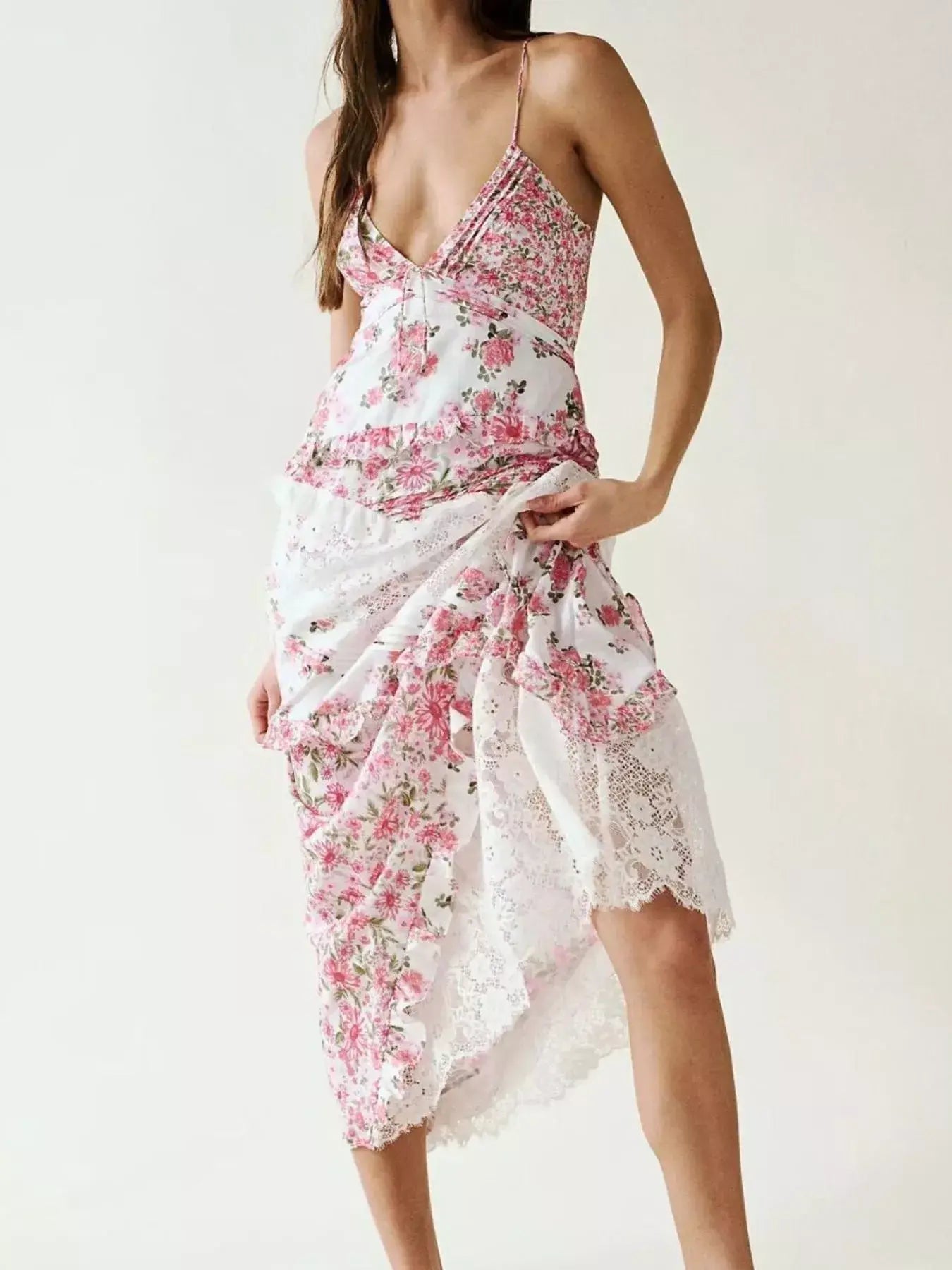 Lace Detail Ruffled Floral V-Neck Maxi Dress - Trendsi - Flyclothing LLC
