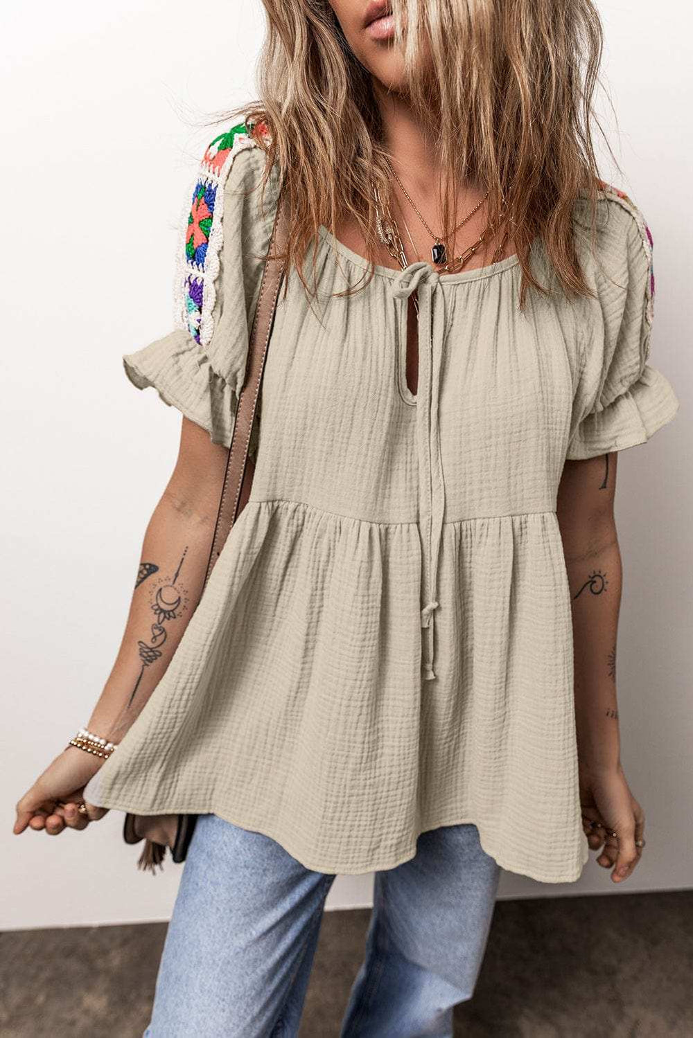 Embroidered Tie Neck Short Sleeve Blouse - Trendsi - Flyclothing LLC