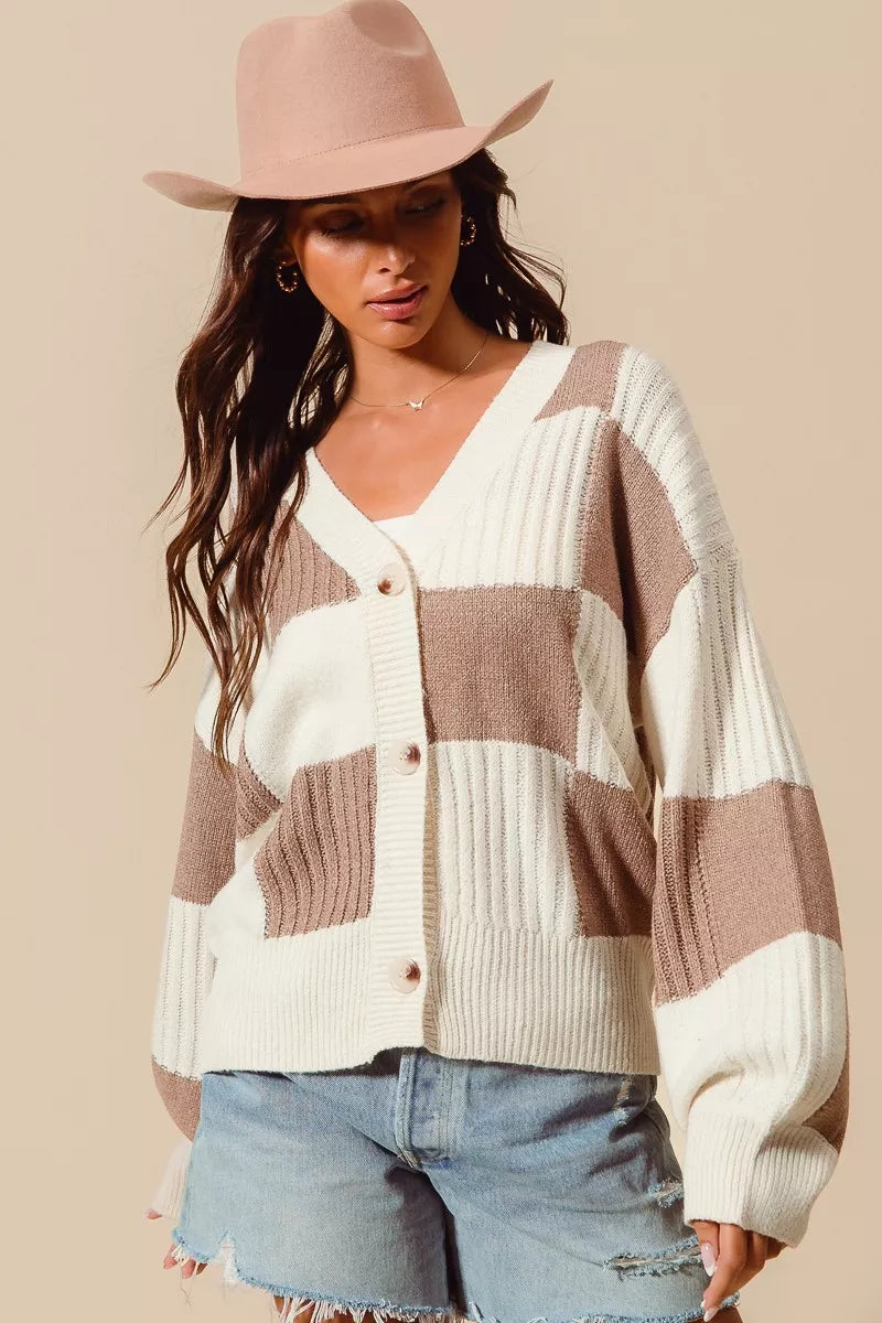 SO ME Checkered Button Front Ribbed Sweater Cardigan - Trendsi - Flyclothing LLC