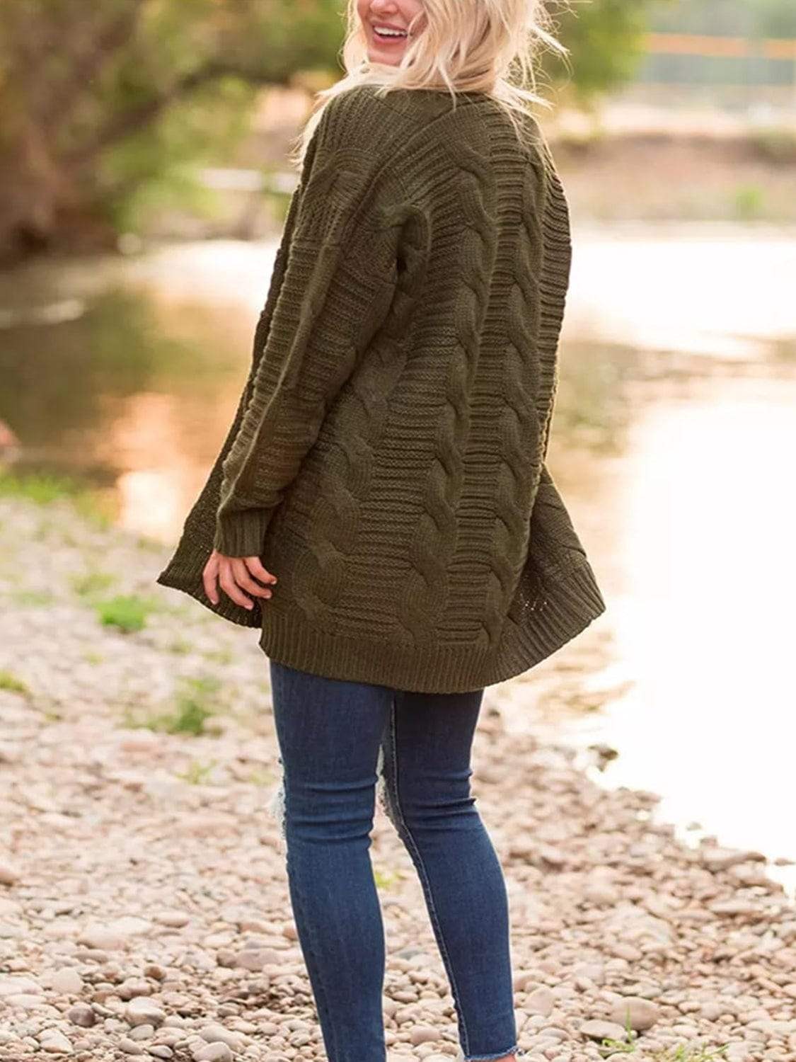 Cable-Knit Open Front Long Sleeve Cardigan - Trendsi - Flyclothing LLC
