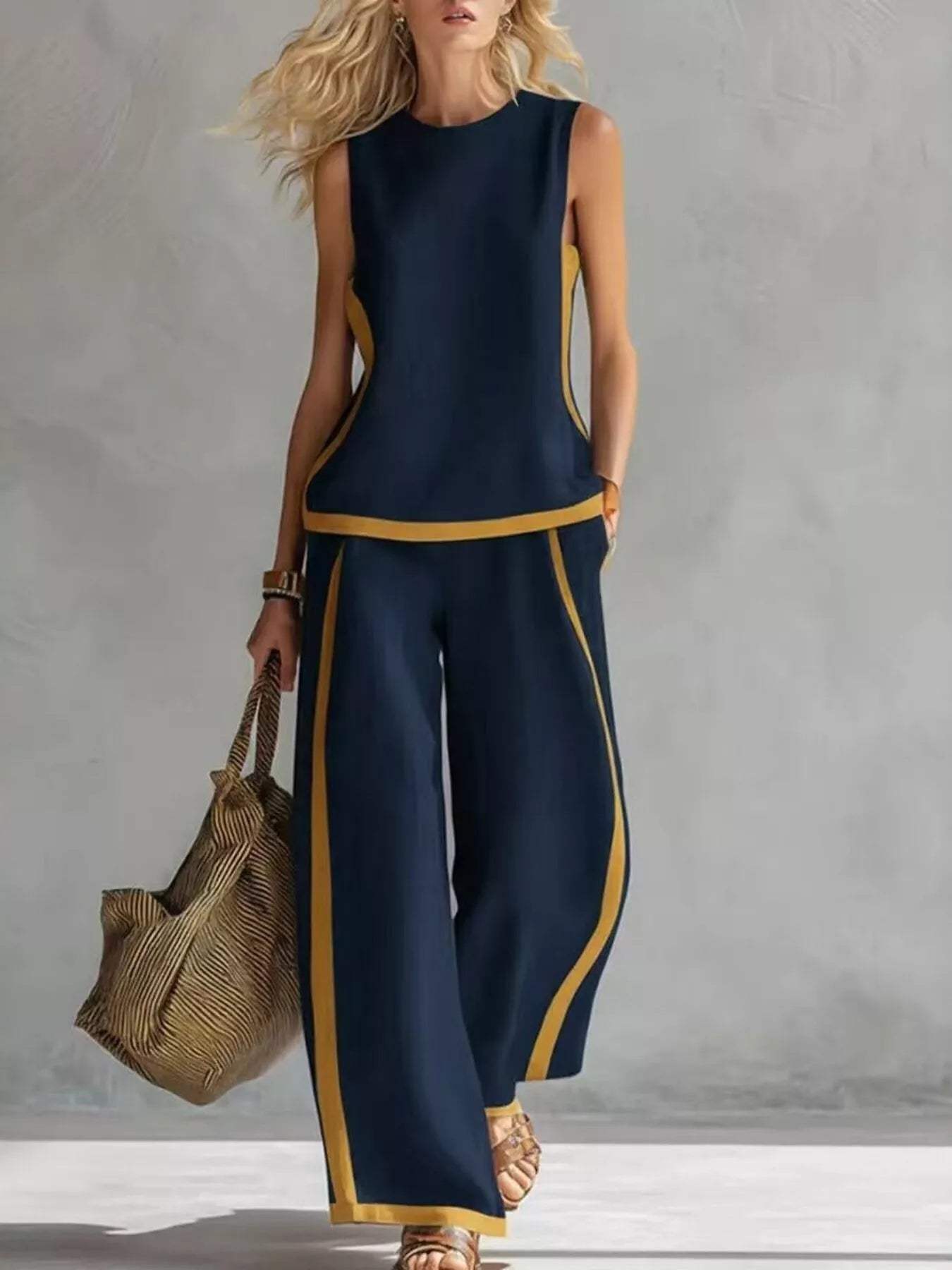 Full Size Contrast Stripe Sleeveless Top & Wide-Leg Pants Set Plus Size - Trendsi - Flyclothing LLC