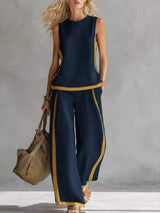 Full Size Contrast Stripe Sleeveless Top & Wide-Leg Pants Set Plus Size - Trendsi - Flyclothing LLC