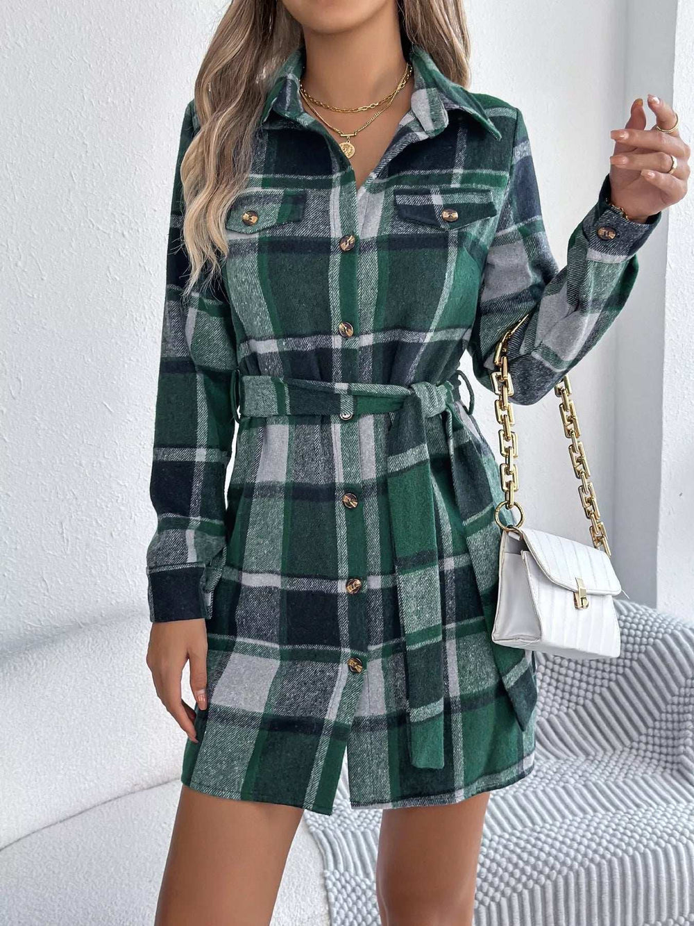 Plaid Button Front Tie Waist Shirt Dress - Trendsi - Flyclothing LLC