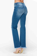bytos Full Size Raw Hem Distressed Mid Rise Straight Jeans - Trendsi - Flyclothing LLC