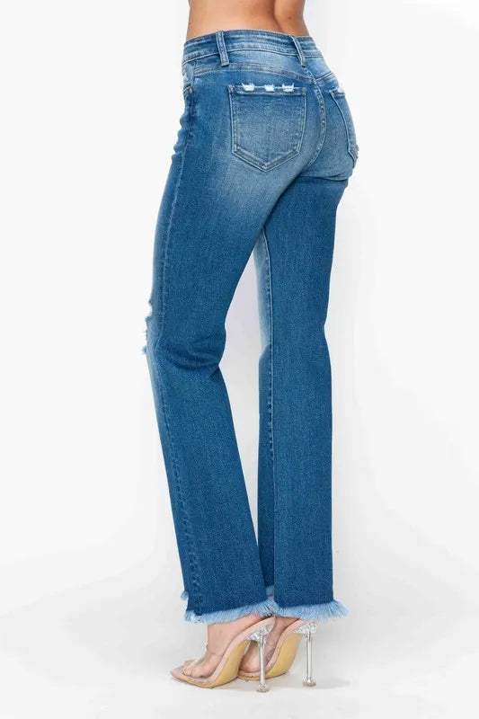 bytos Full Size Raw Hem Distressed Mid Rise Straight Jeans - Trendsi - Flyclothing LLC