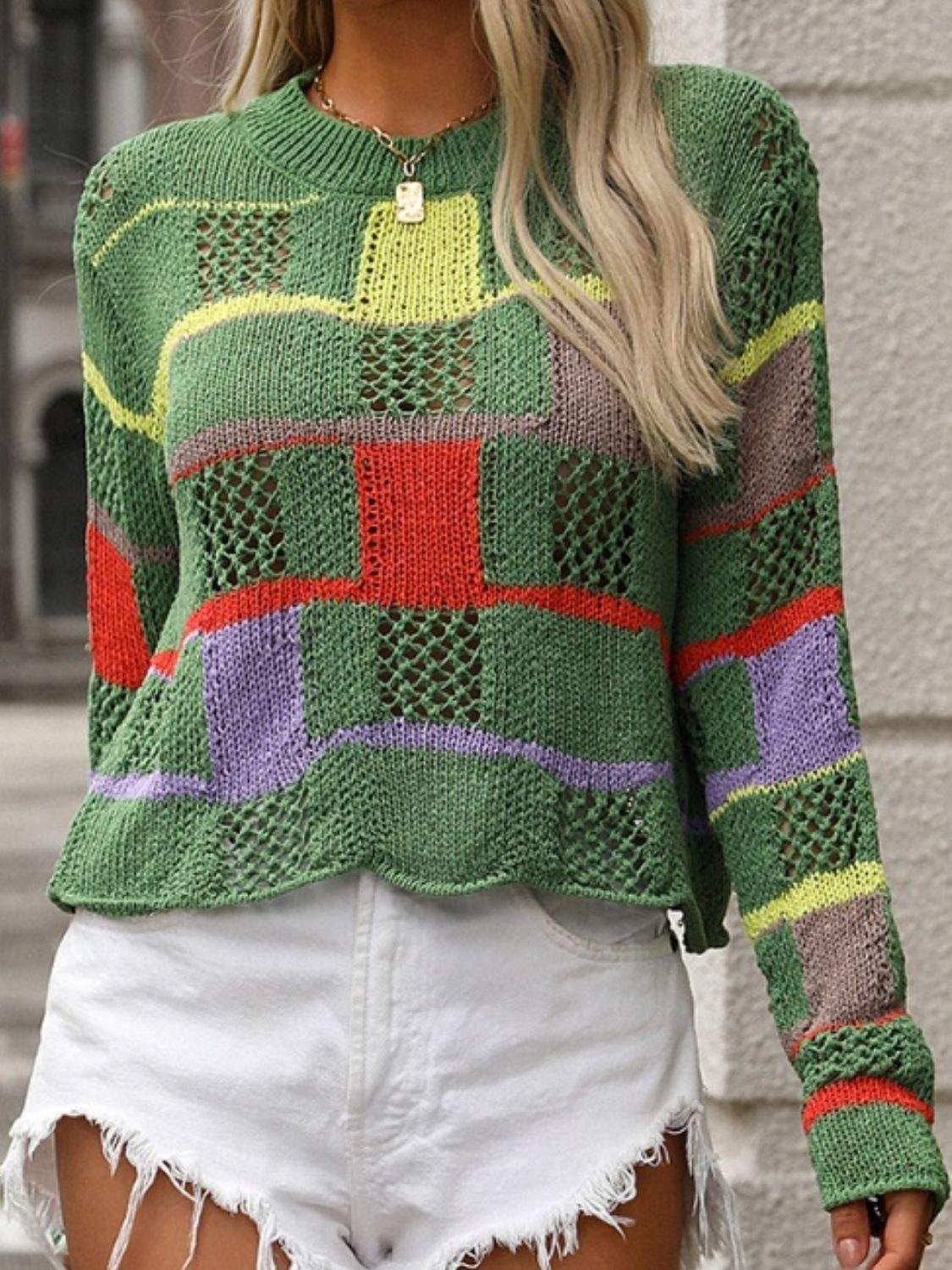 Openwork Color Block Round Neck Sweater - Trendsi - Flyclothing LLC