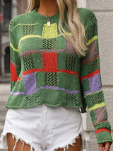Openwork Color Block Round Neck Sweater - Trendsi - Flyclothing LLC