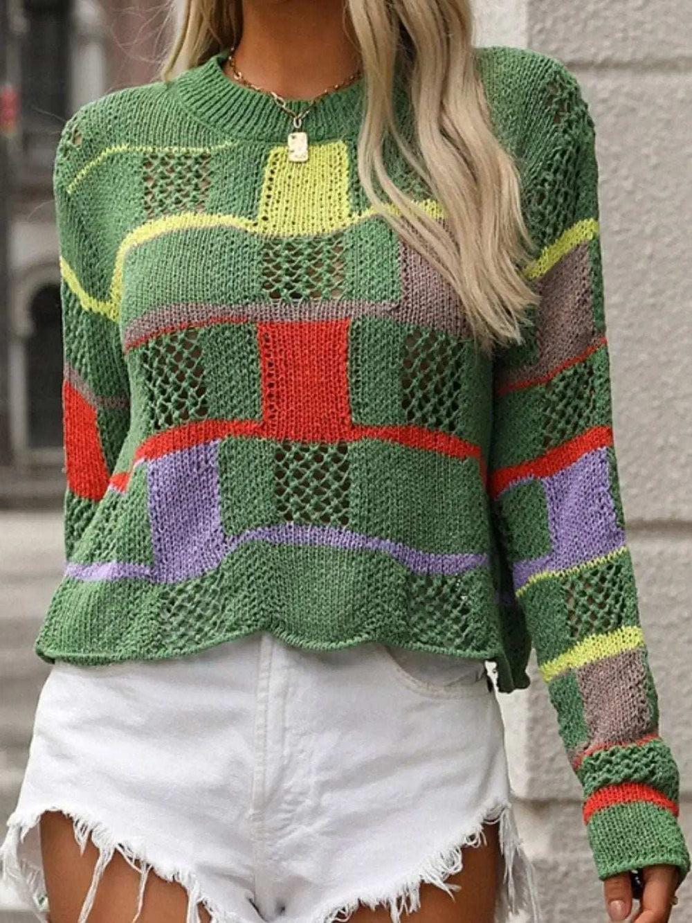 Openwork Color Block Round Neck Sweater - Trendsi - Flyclothing LLC