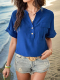 Buttoned Notched Short Sleeve Blouse - Trendsi