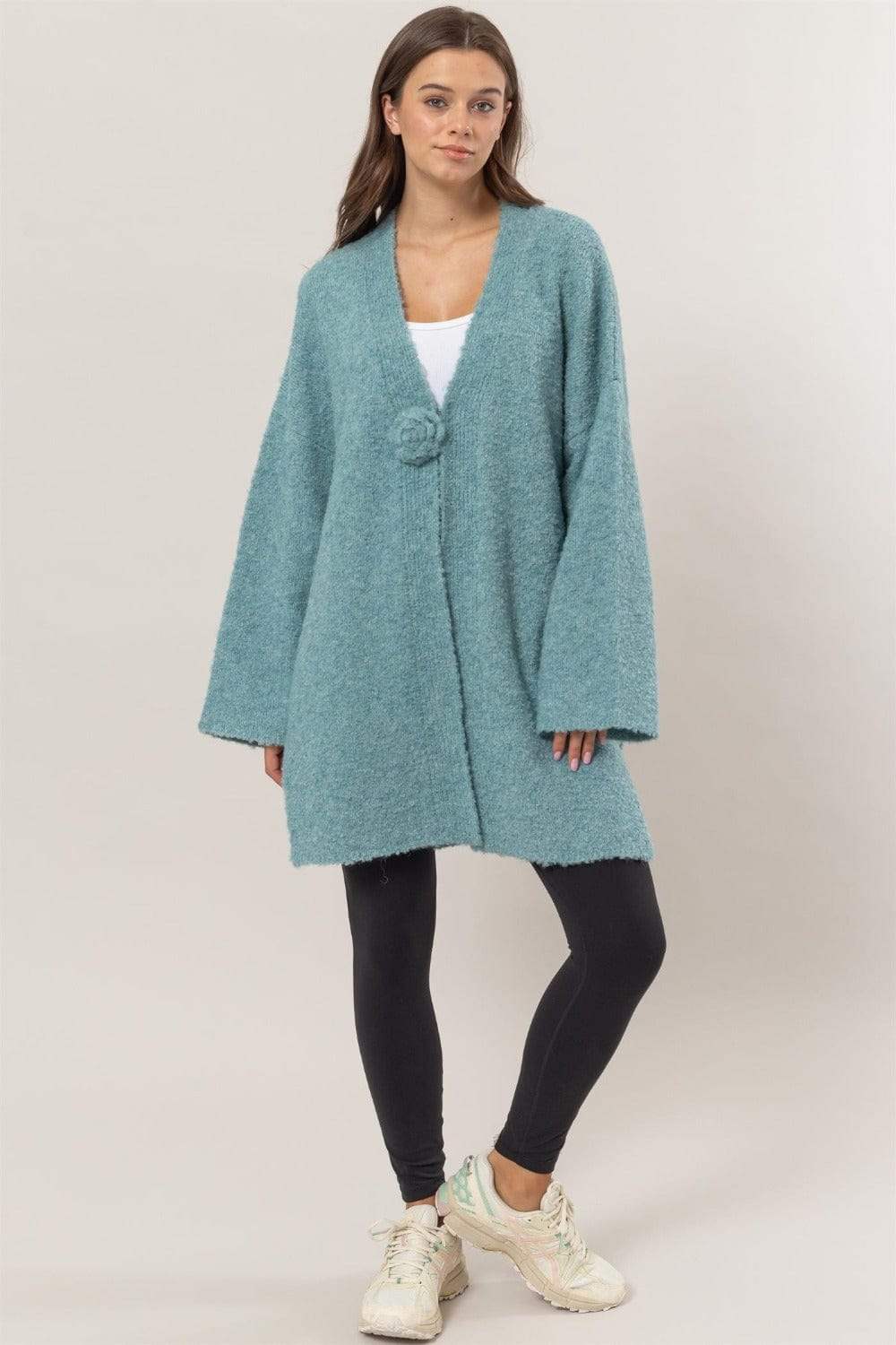 HYFVE Front Rosette Longline Slit Sweater Cardigan - Trendsi - Flyclothing LLC