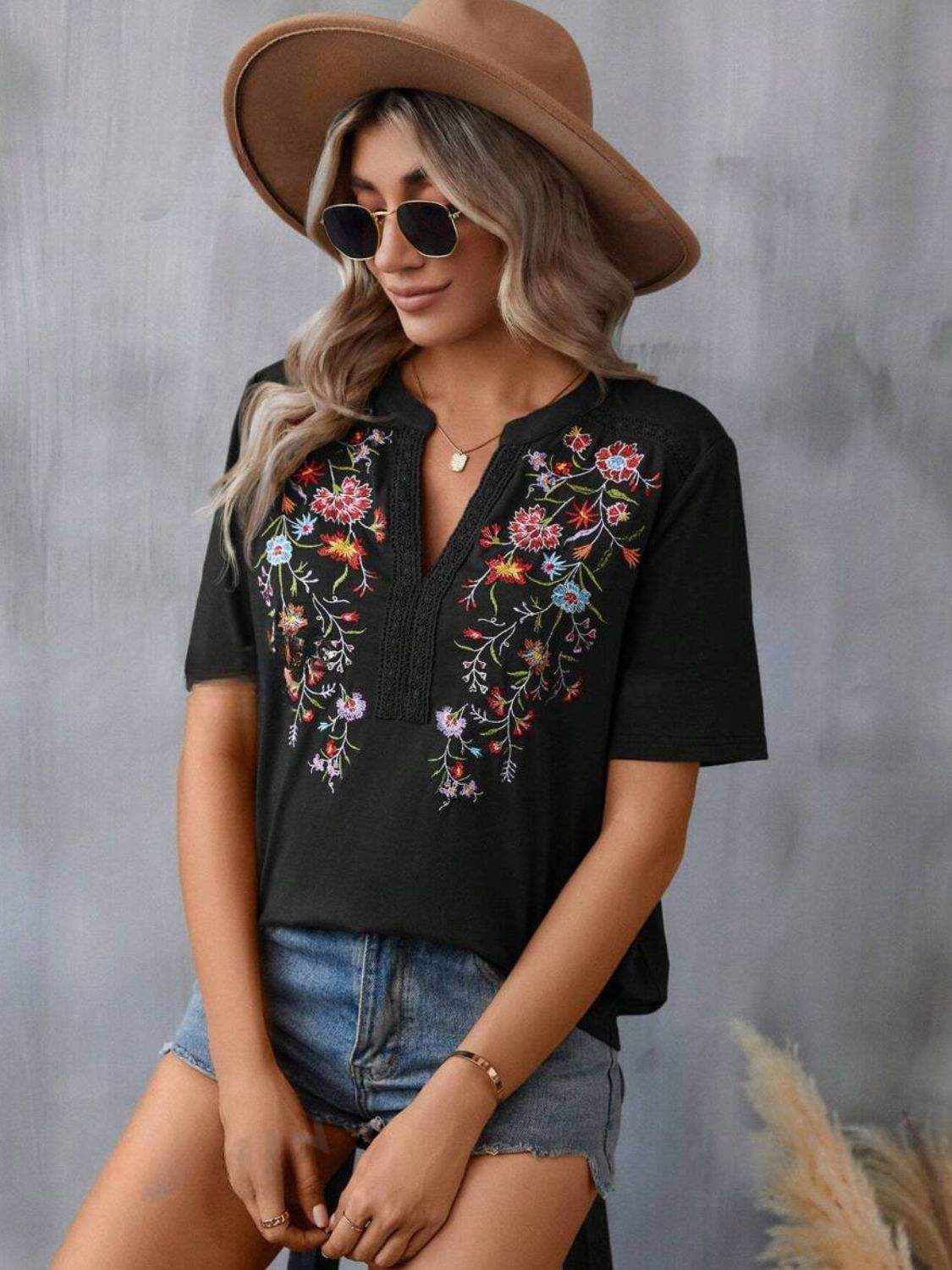 Embroidered Notched Short Sleeve T-Shirt - Trendsi - Flyclothing LLC