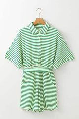Striped Half Sleeve Tie Waist Romper - Trendsi - Flyclothing LLC