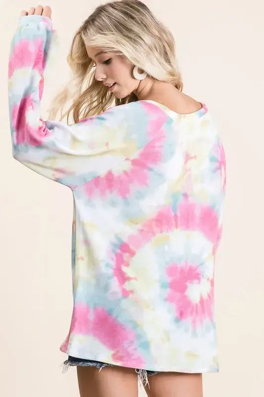 BiBi Tie Dye Print Terry Top With Puff Sleeves - Trendsi - Flyclothing LLC