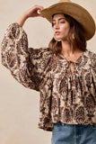 BiBi Printed Woven Front Tied Blouse with Baloon Sleeve - Trendsi - Flyclothing LLC