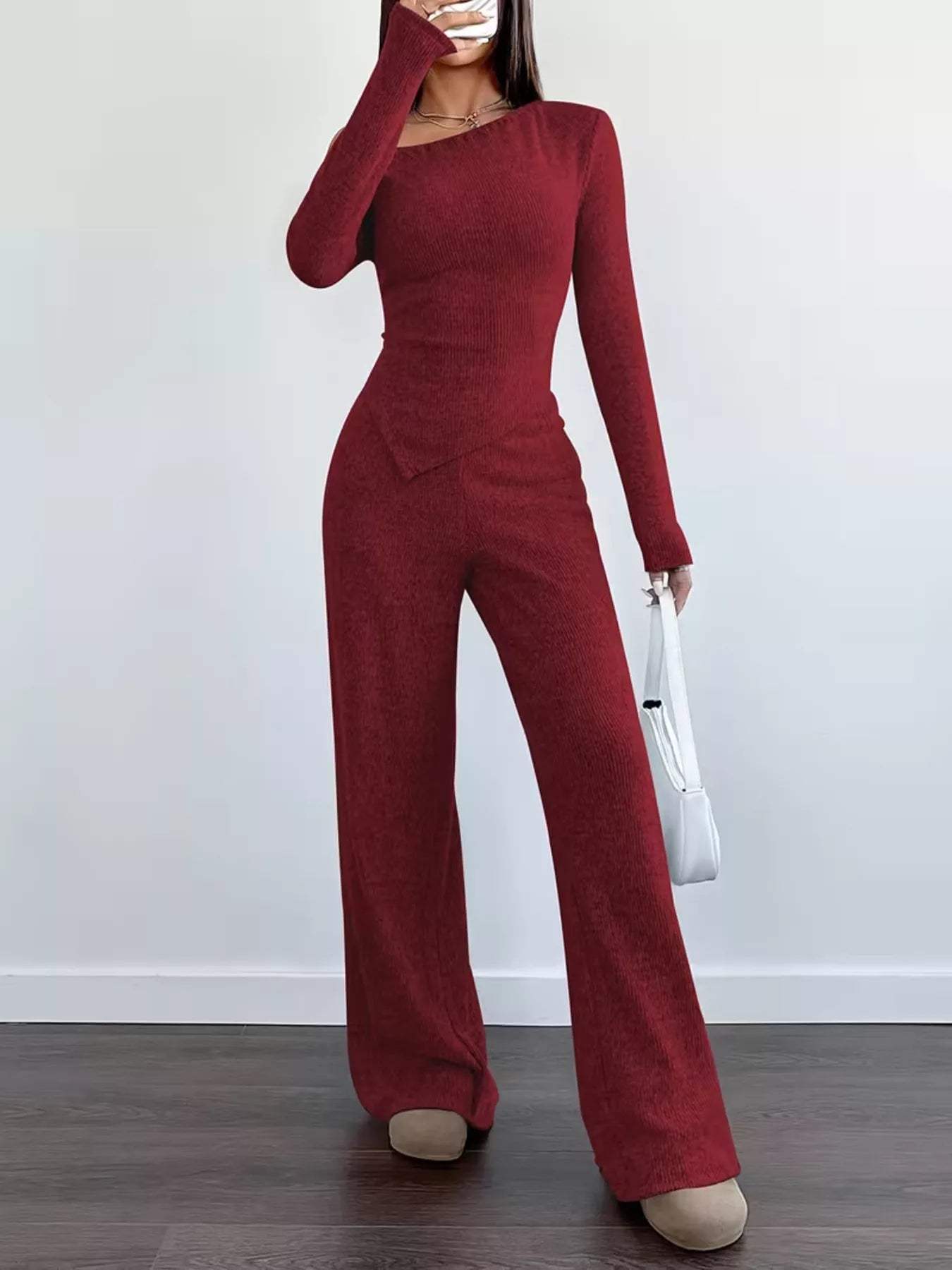 Chic One-Shoulder Asymmetrical Top and Wide-Leg Pants Set - Trendsi - Flyclothing LLC