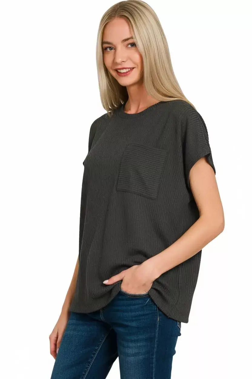 Zenana Raised Rib Front Pocket Boxy Top - Trendsi - Flyclothing LLC