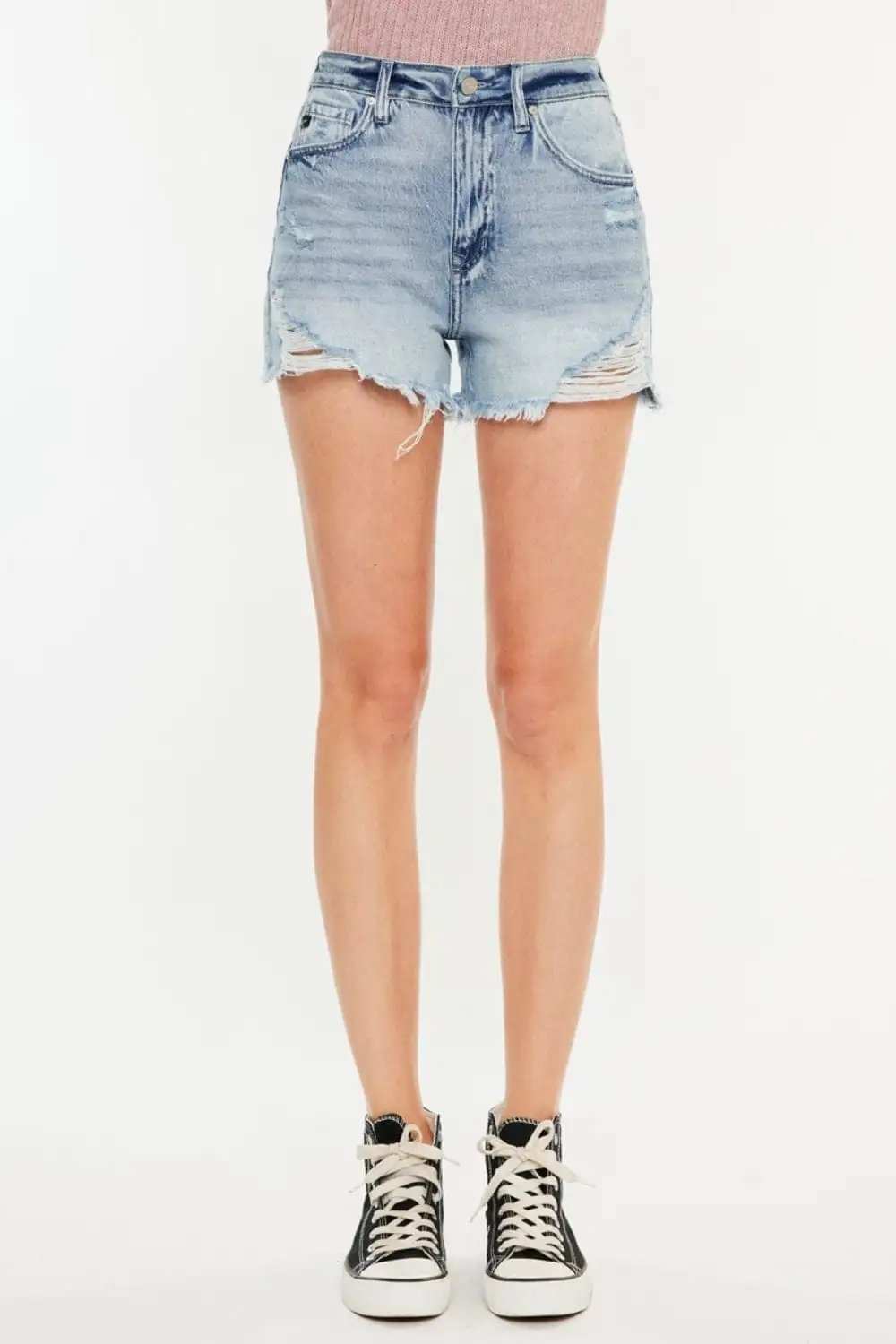 Kancan Distressed High Waist Denim Shorts with Pockets - Trendsi - Flyclothing LLC