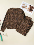 Striped Trim Leopard Long Sleeve Top Drawstring Pant Set - Trendsi - Flyclothing LLC