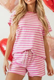 Striped Round Neck T-Shirt and Drawstring Shorts Set - Trendsi