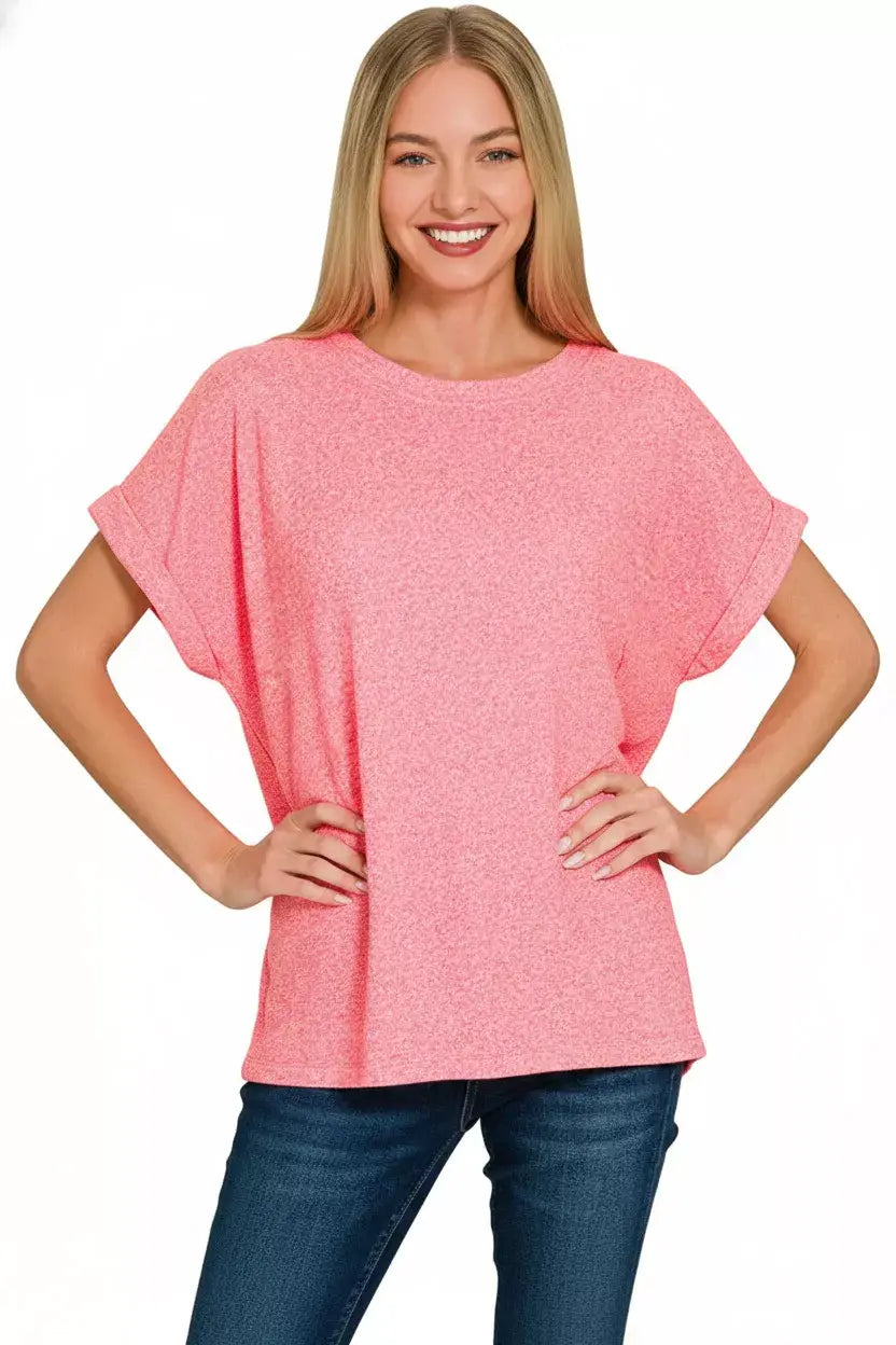 Zenana Soft Melange Hacci Short Sleeve Round Neck Top - Trendsi - Flyclothing LLC